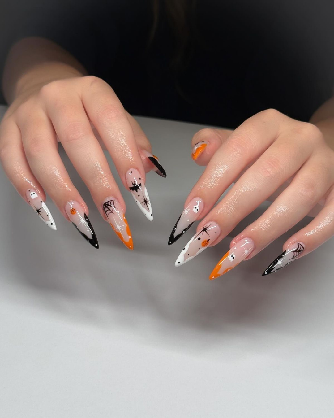 Spooky Halloween Stiletto Nails with Ghosts and Bats
