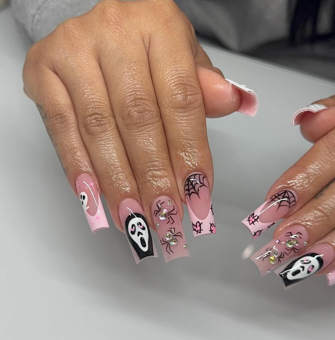 Spooky Pink Halloween French Tip Coffin Nails