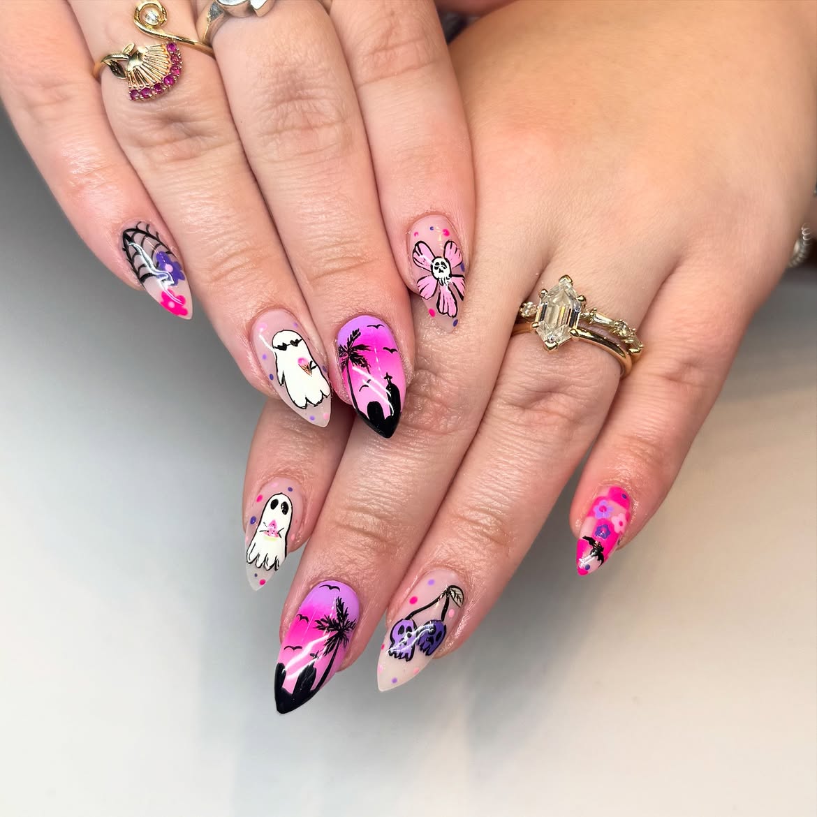 Spooky Pink Halloween Ghost Tropical Scene Nails