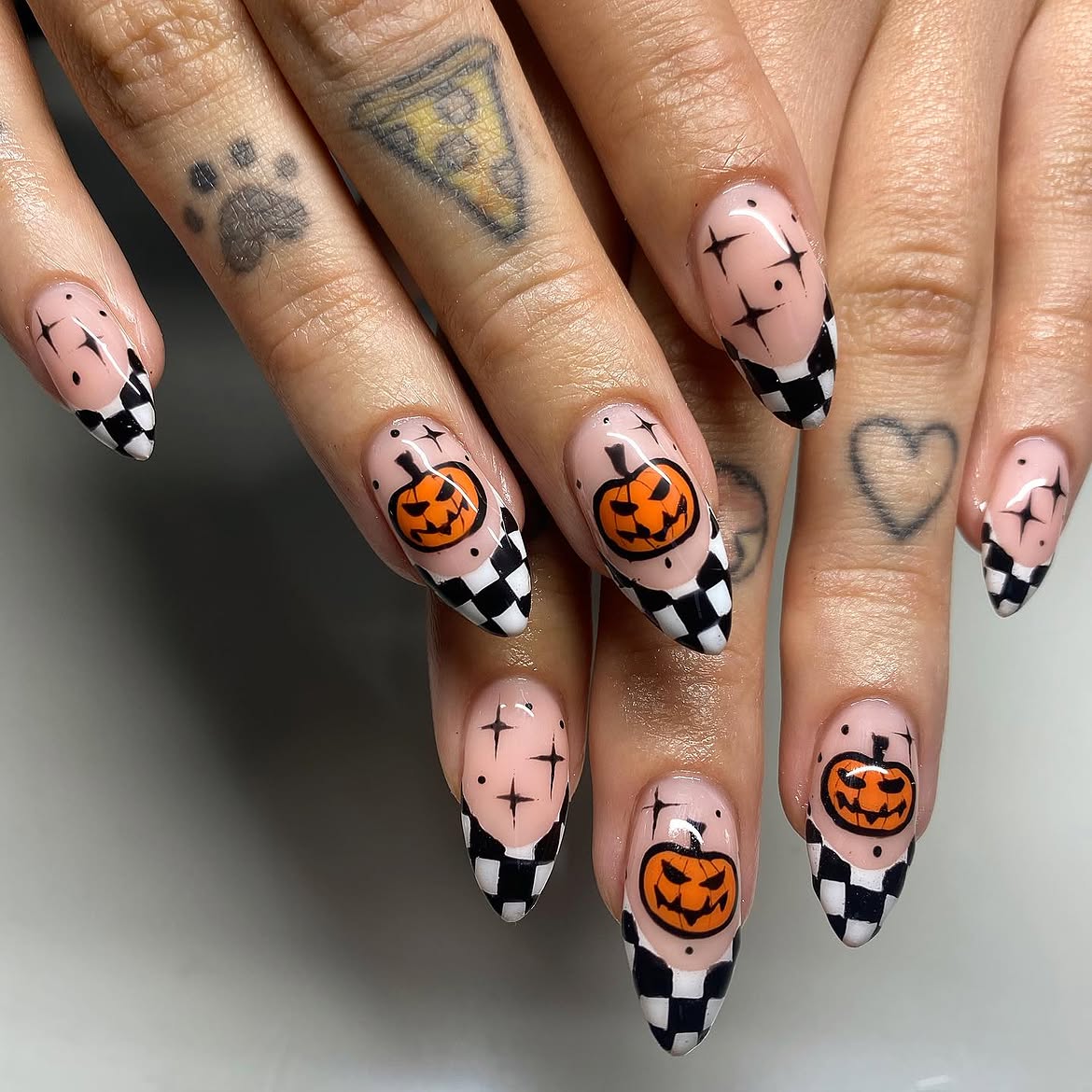 Spooky Pumpkin Checkerboard Halloween Almond Nails