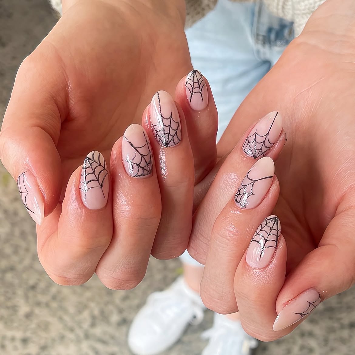 Spooky Spiderweb Almond Halloween Nails