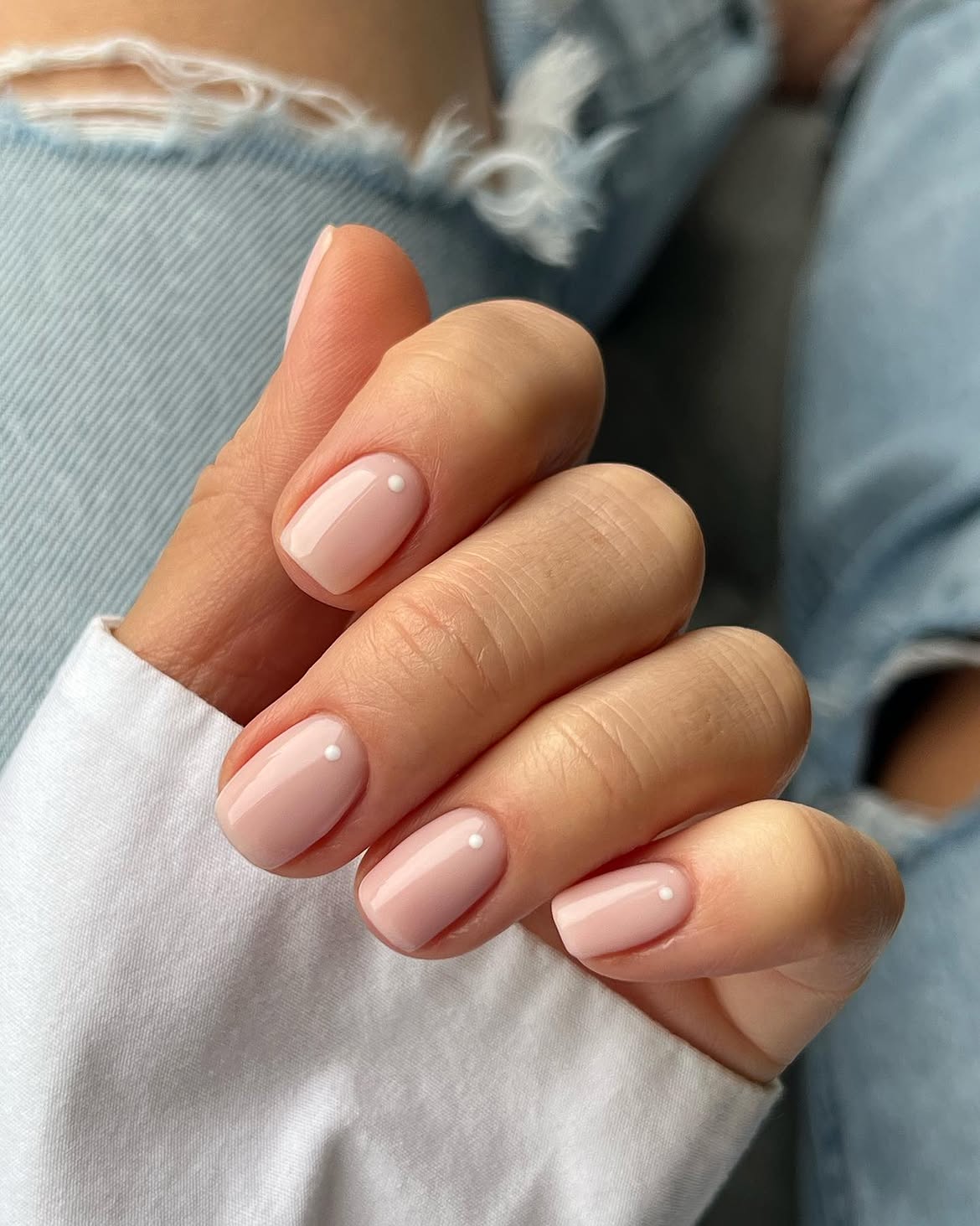 Subtle Milky Pink Nails With White Dot Accent