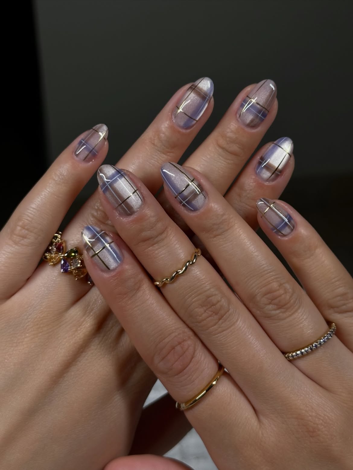 Subtle Plaid Cat Eye Almond Nails
