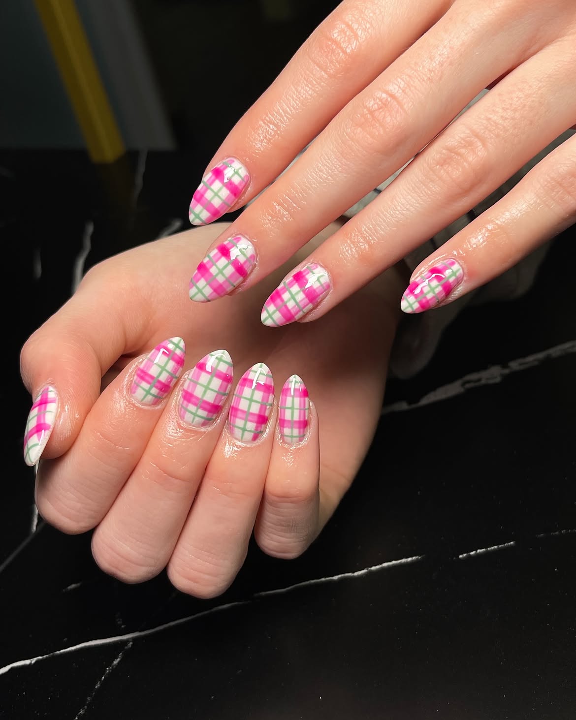 Sweet Pink and Green Plaid Almond Nails