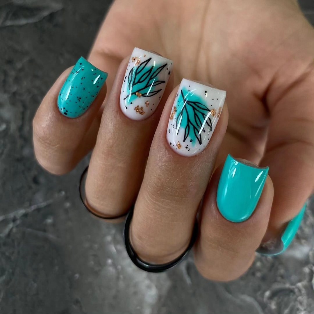 Teal Speckled French Tip Botanical Nails