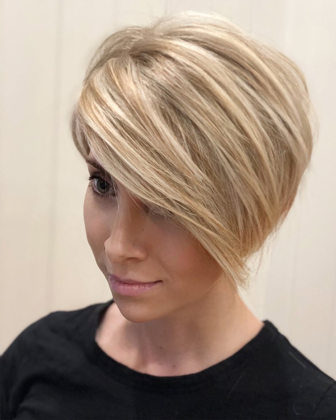 Textured Side Swept Pixie Bob With Dimensional Blonde