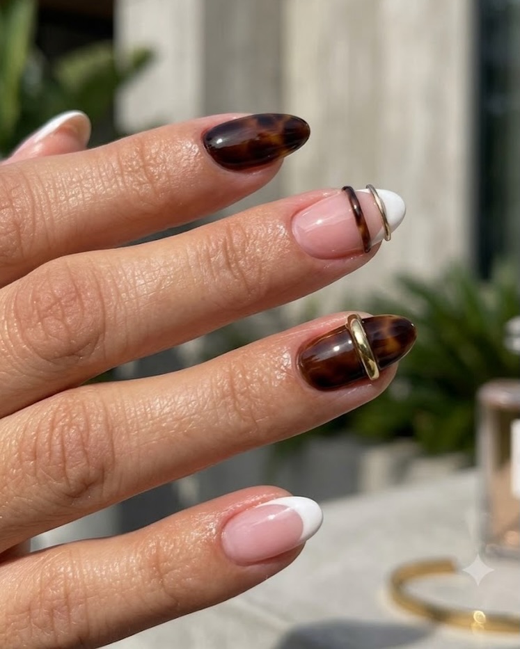 Tortoiseshell French Tips With Gold Rings