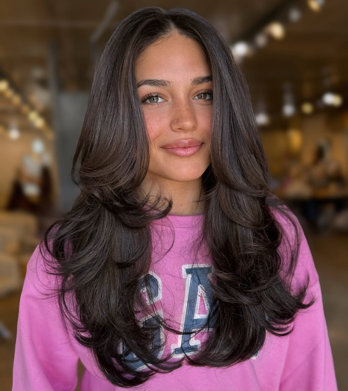 Voluminous Butterfly Layers On Rich Espresso Hair