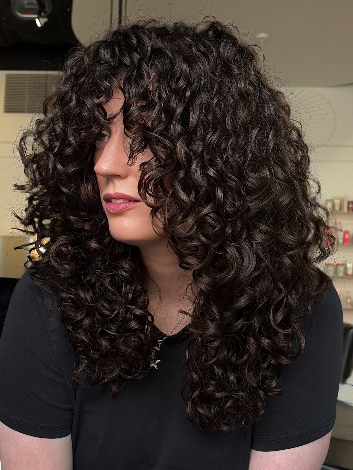 Voluminous Curly Shag With Curly Bangs