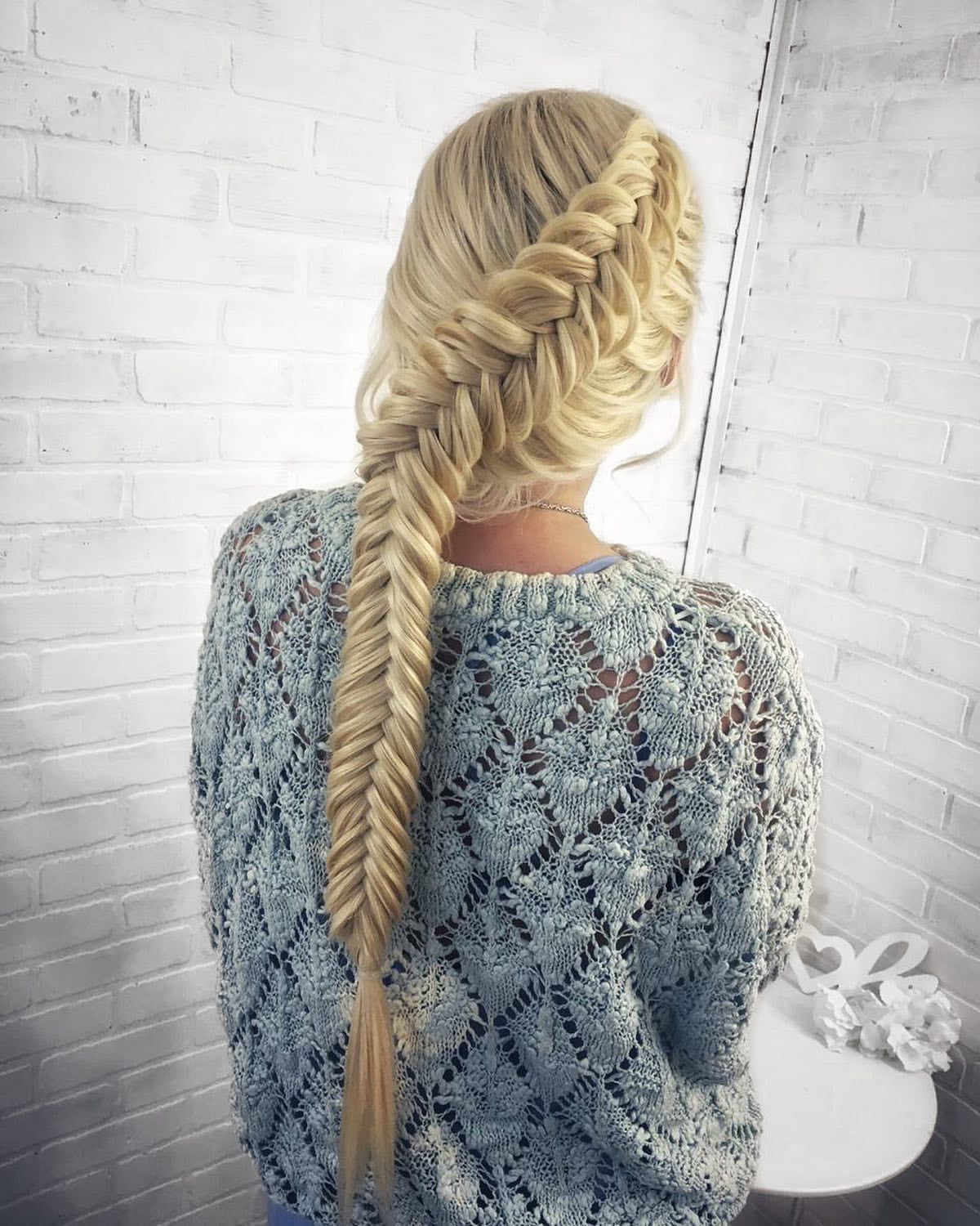 Voluminous Side Swept Fishtail Braid On Platinum Blonde