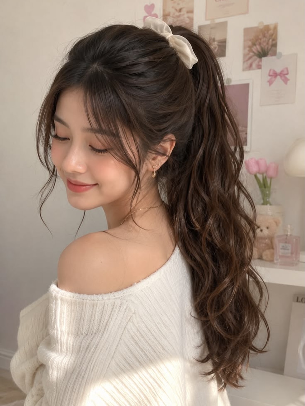 Voluminous Wavy High Ponytail With Ribbon Scrunchie