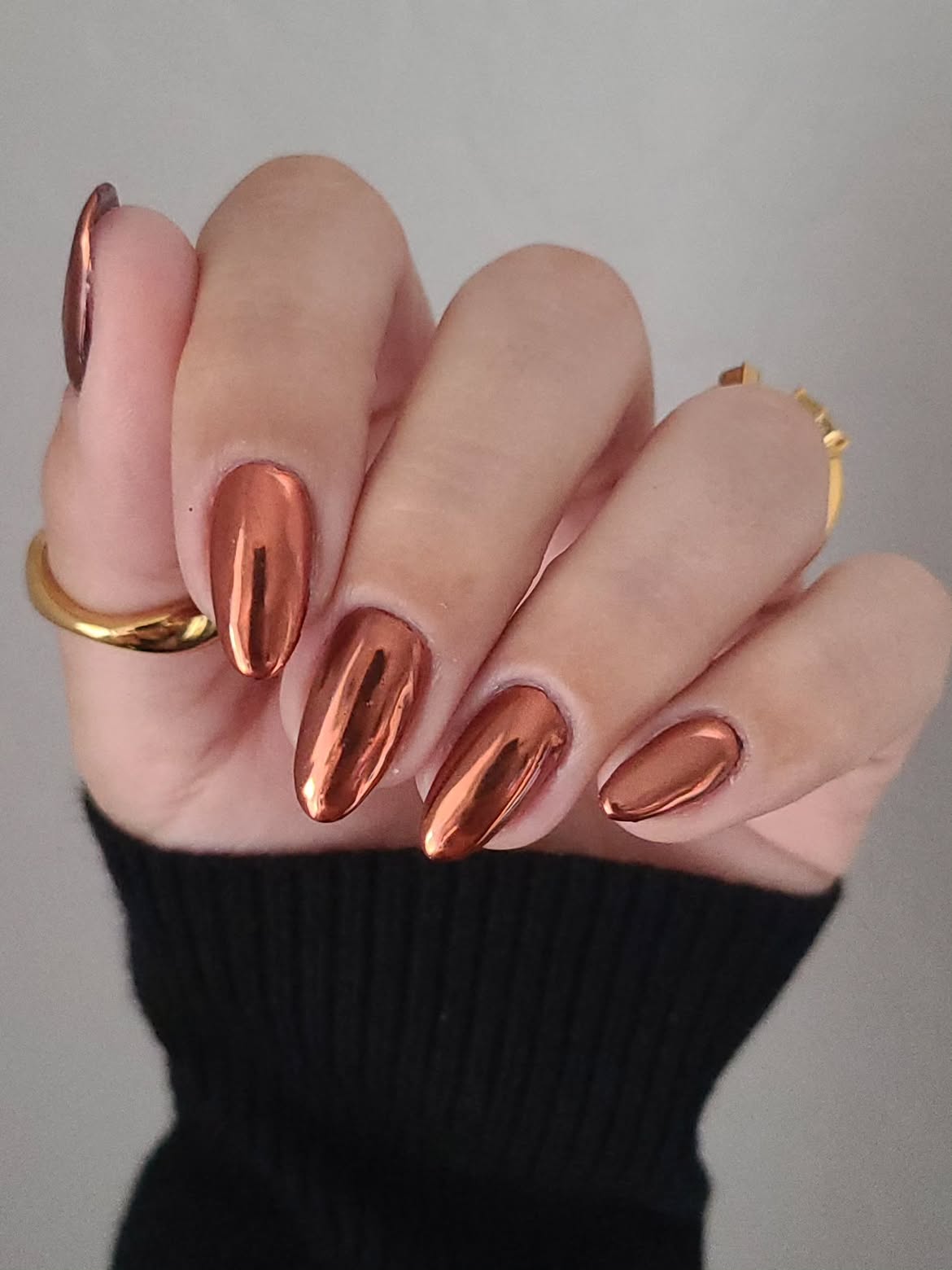 Warm Copper Chrome Almond Nails