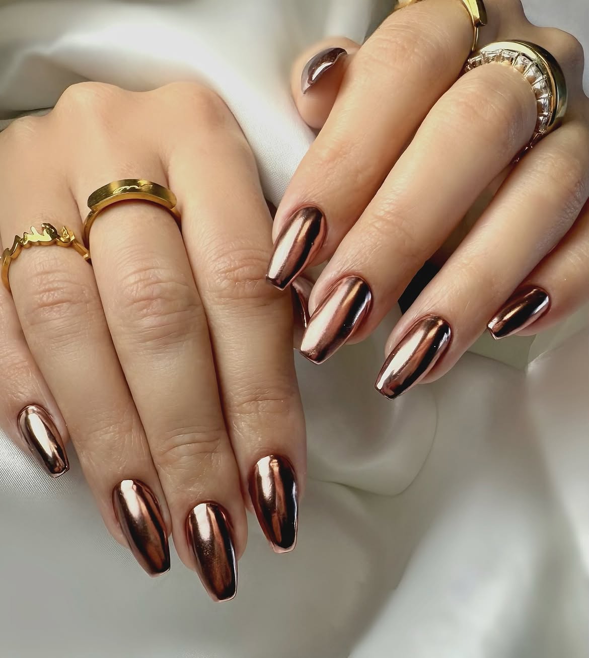Warm Copper Chrome Coffin Nails