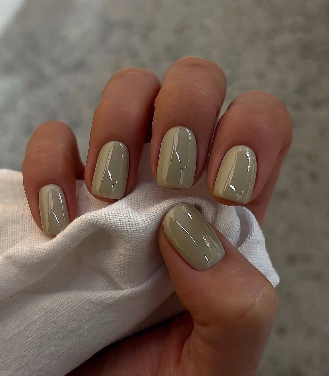 Warm Olive Green Glossy Short Square Nails