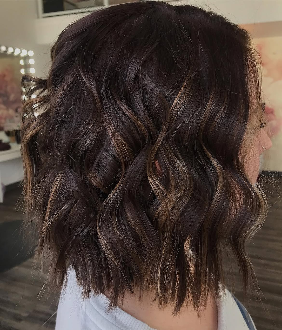 Wavy Brunette Bob With Caramel Balayage Highlights