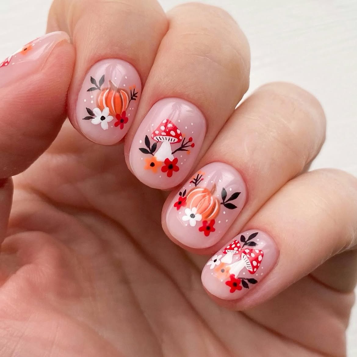 Whimsical Autumn Pumpkin and Mushroom Nail Art