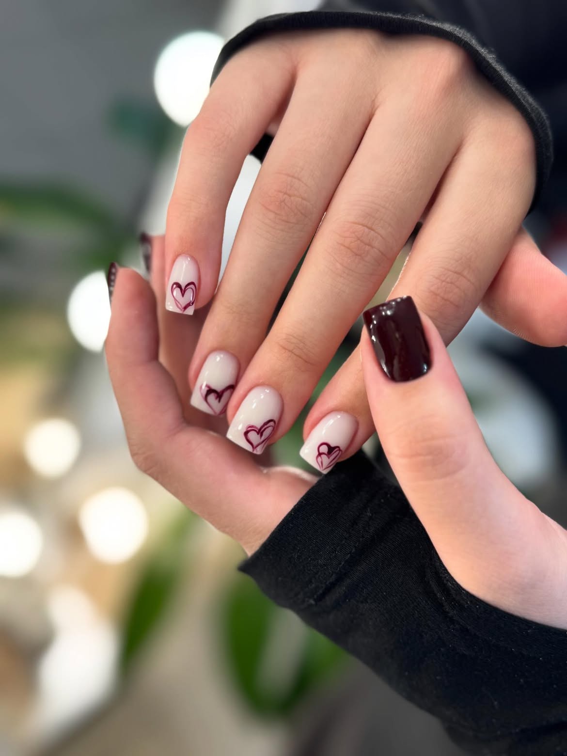White Cream Nails with Burgundy Heart Outline Art
