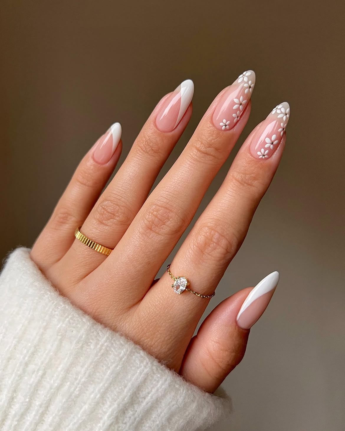 White Flower Accent French Almond Nails