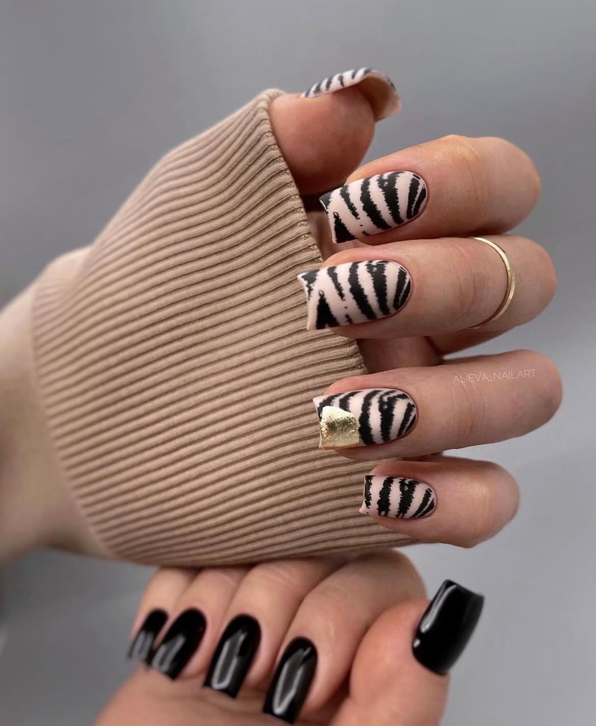 Zebra Print Matte Nails with Gold Accent