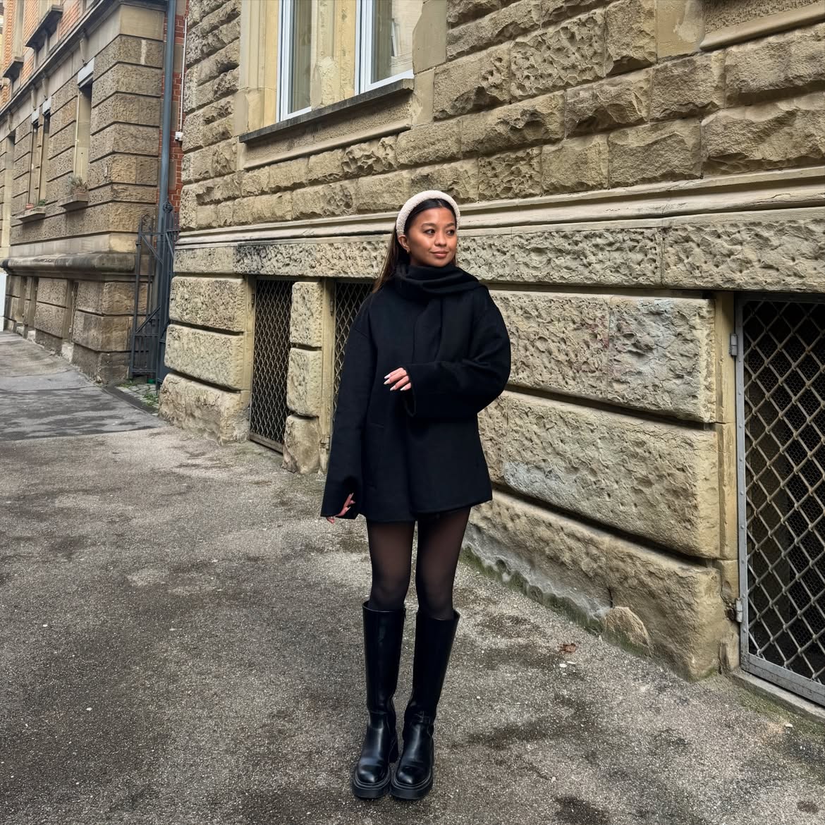 All Black Outfit With Knee High Boots And Headband