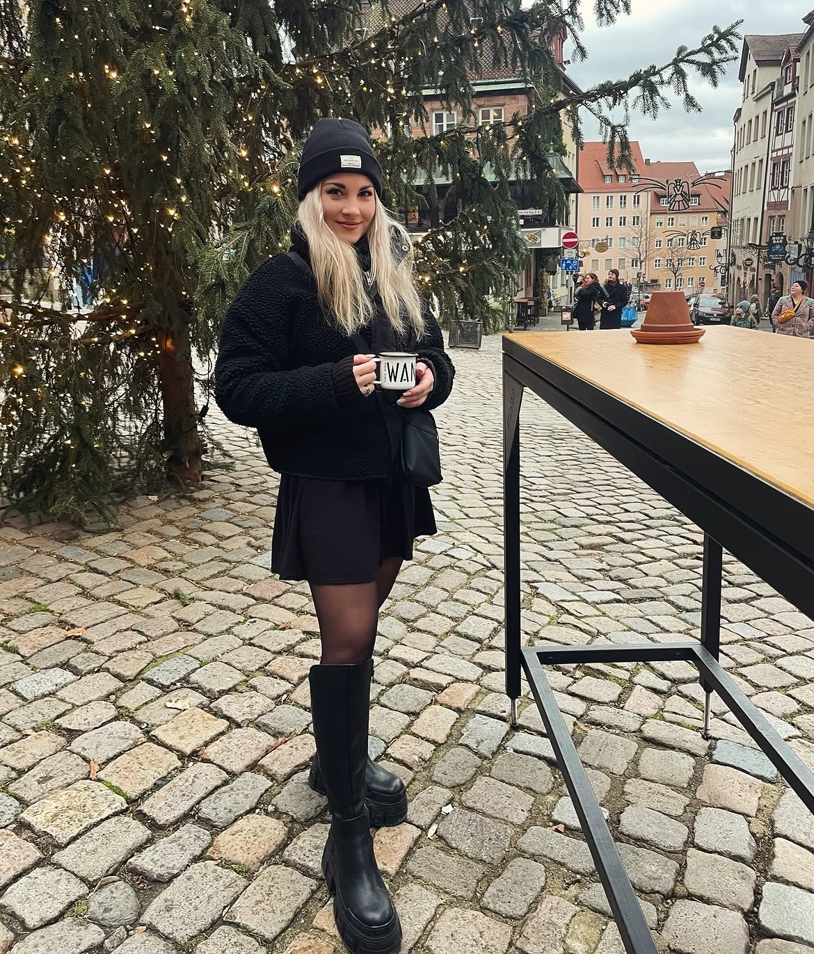 All Black Sherpa Jacket And Knee High Boot Look