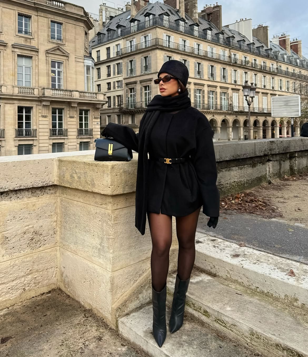 All Black Winter Coat And Midi Skirt Look