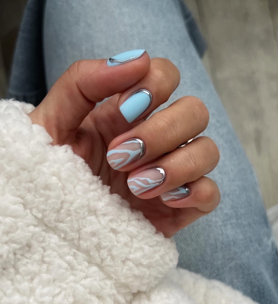 Baby Blue Matte French Tip Nails with Silver Chrome Outline