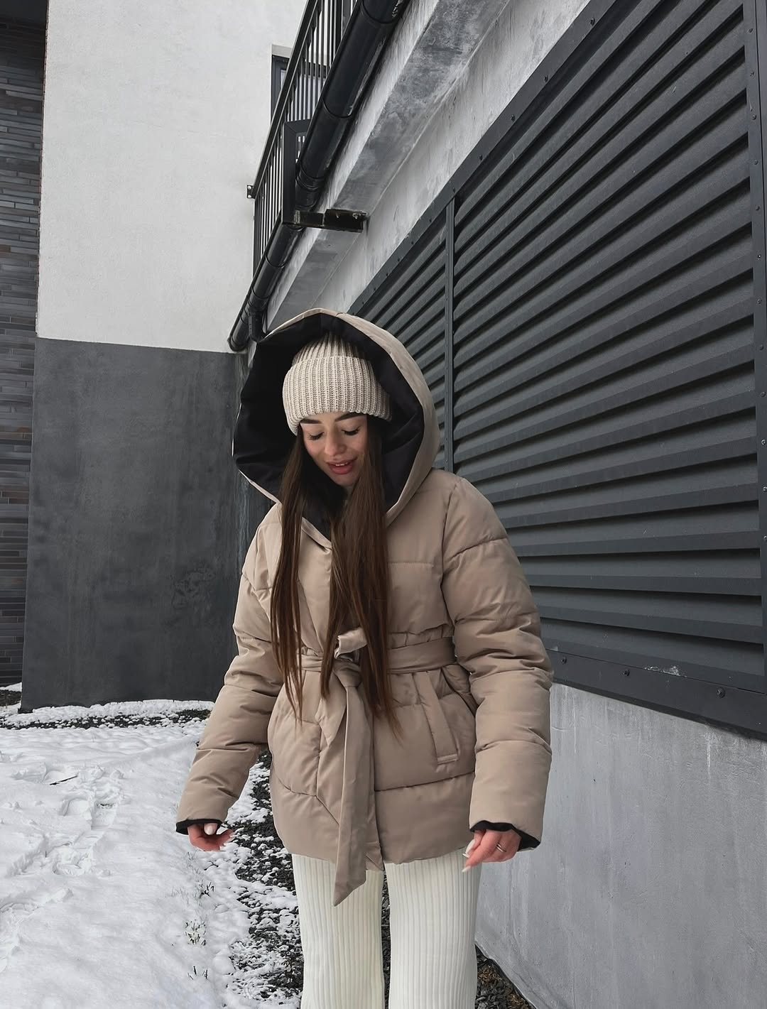 Belted Puffer Jacket With Ribbed Knit Pants