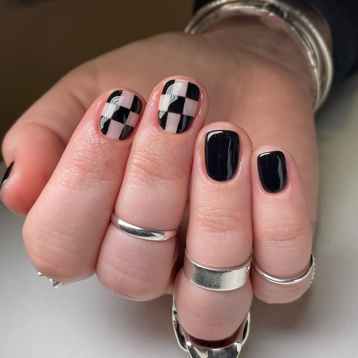 Black and Pink Checkerboard French Tips