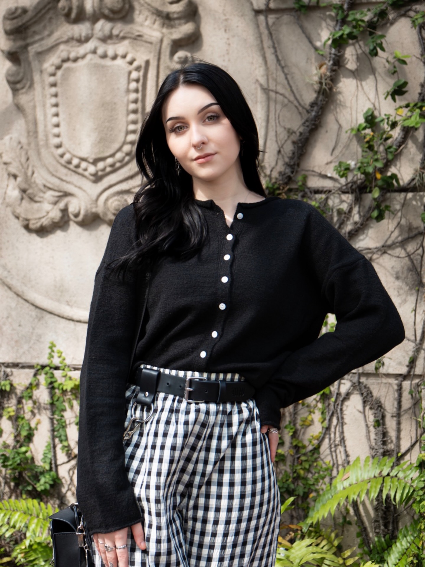Black Cardigan With Gingham Trousers