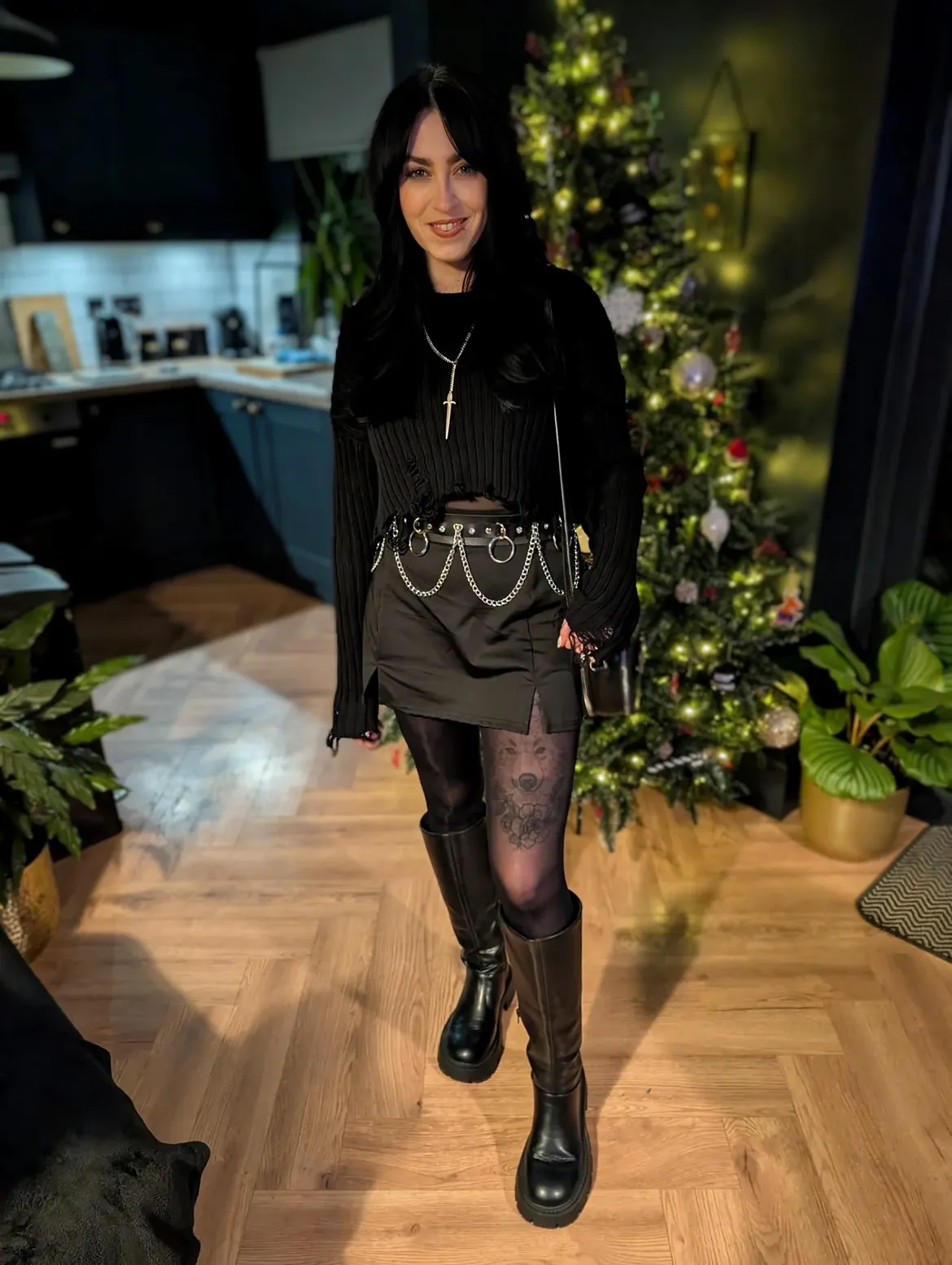 Black Cropped Knit With Chain Belt and Mini Skirt