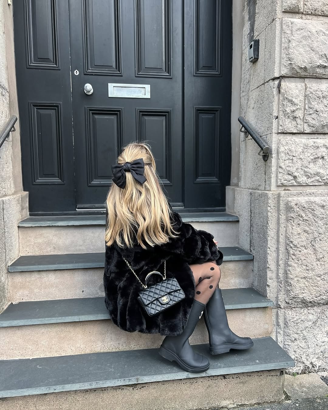 Black Faux Fur Coat With Polka Dot Tights