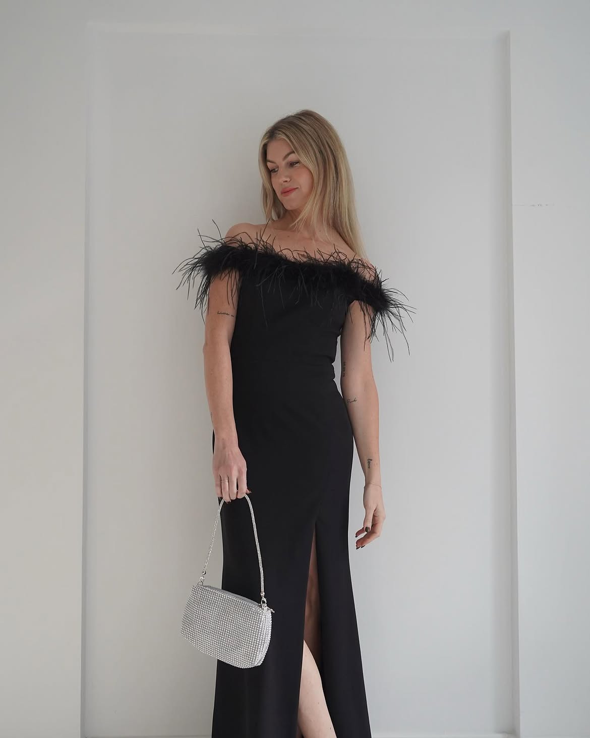 Black Feather Off-Shoulder Maxi Dress With Sparkle