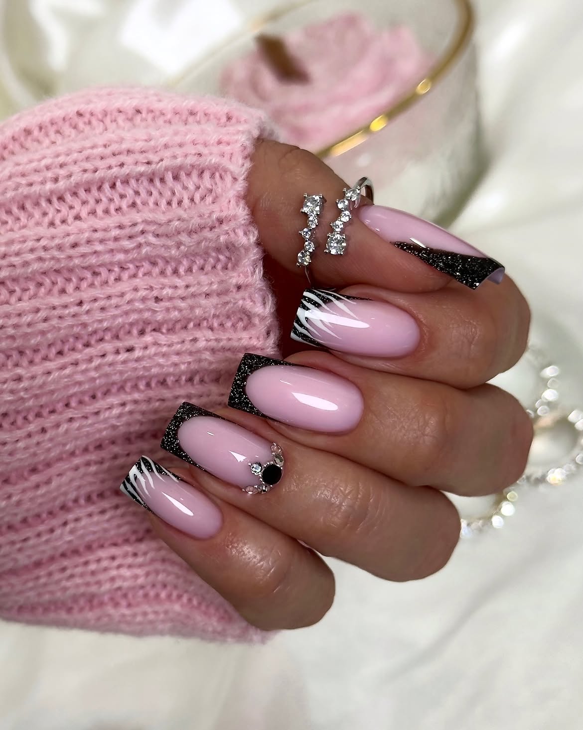 Black Glitter French Tip Coffin Nails with Zebra Accent