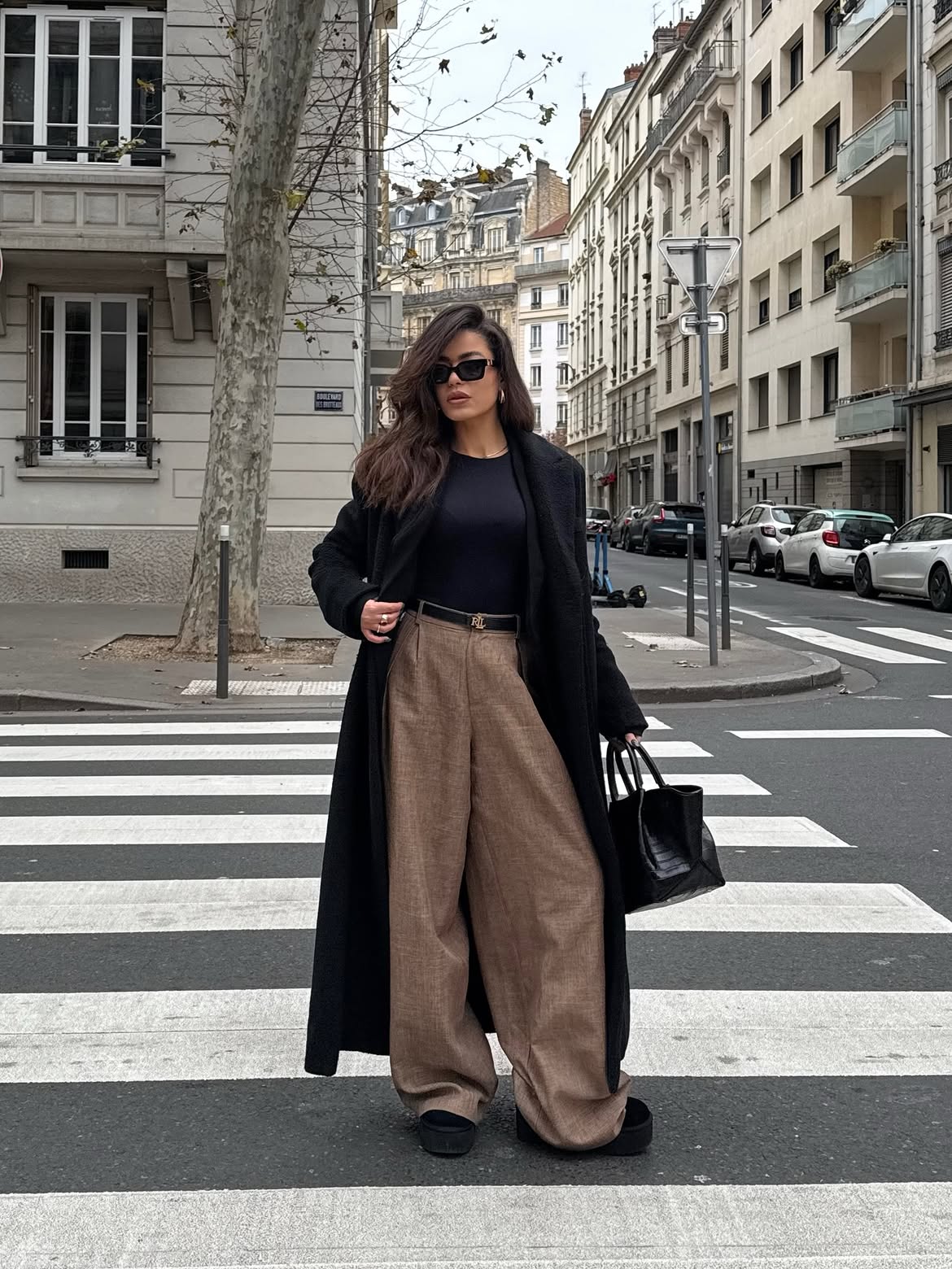 Black Long Coat And Brown Wide Leg Trousers