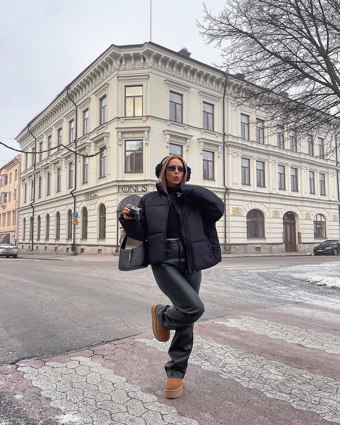 Black Puffer & Faux Leather Street Style