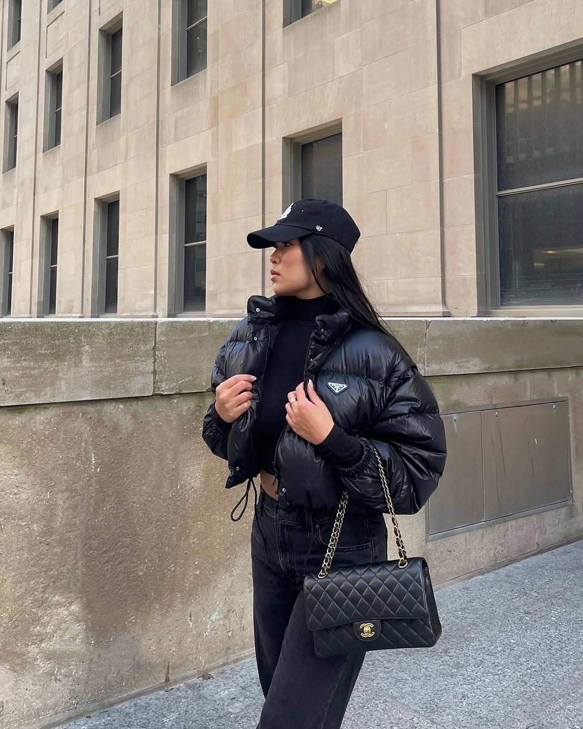 Black Puffer Jacket And Jeans Streetwear Look