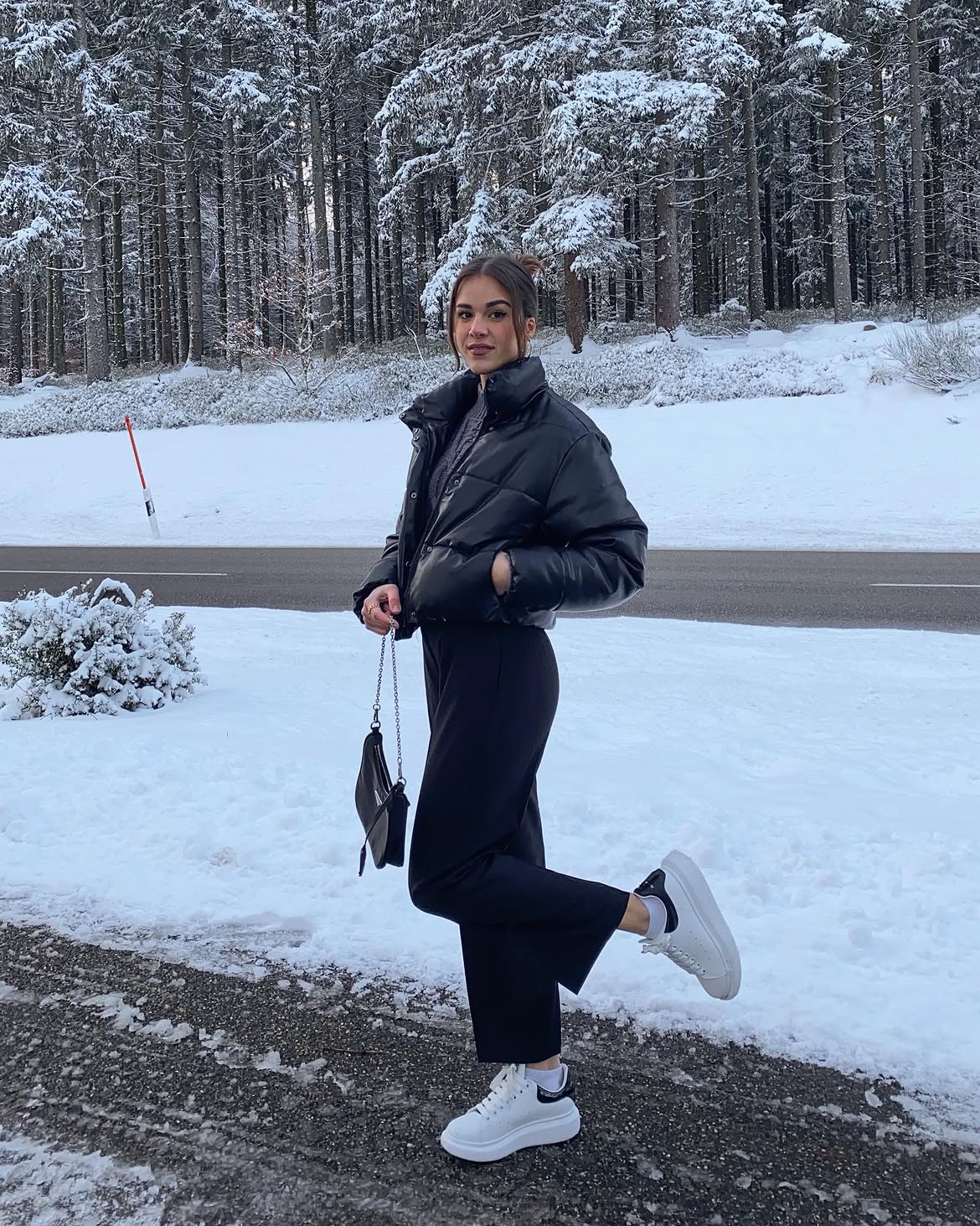 Black Puffer Jacket With Chunky Sneakers Winter Look