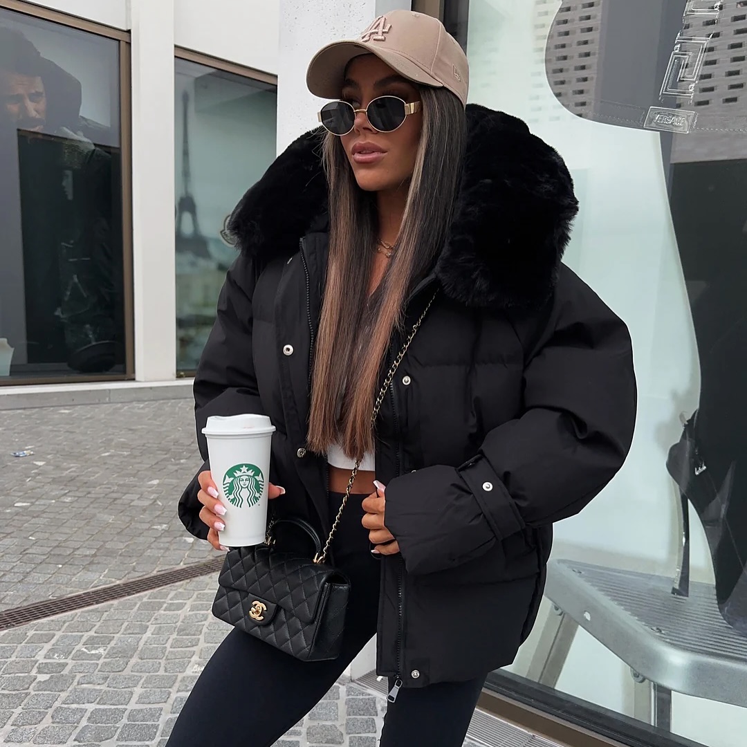 Black Puffer Jacket With Fur Trim Cozy Street Style