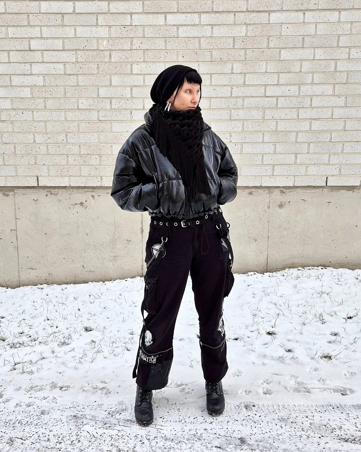 Black Puffer With Cargo Pants And Beanie