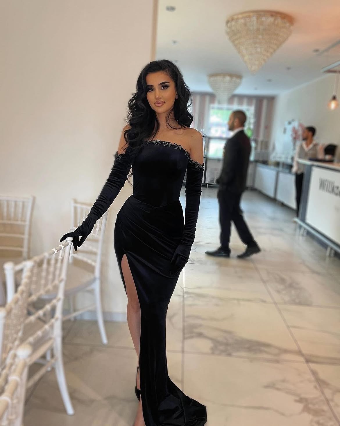 Black Velvet Off The Shoulder Formal Gown With Gloves