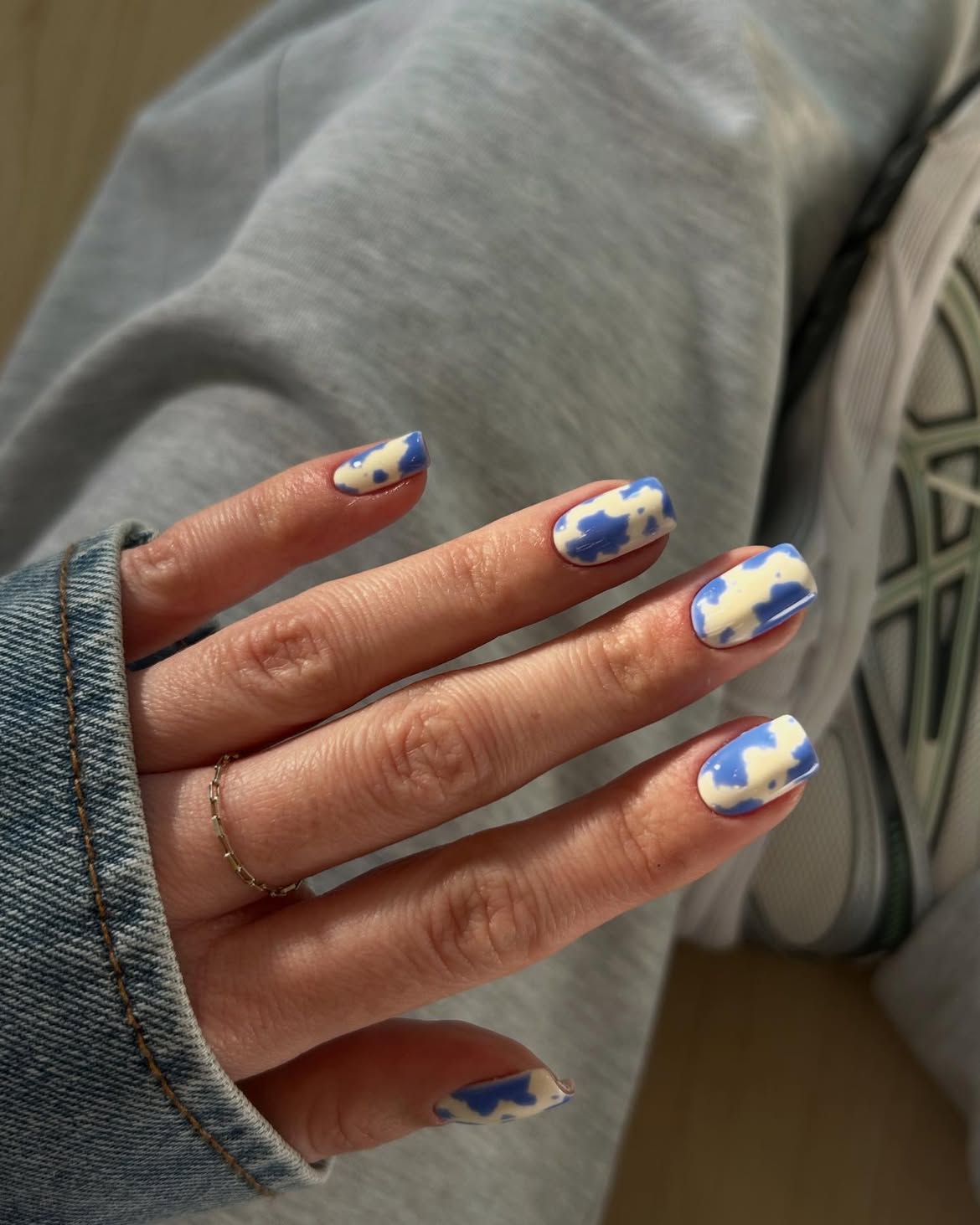 Blue and White Cow Print Square Nails