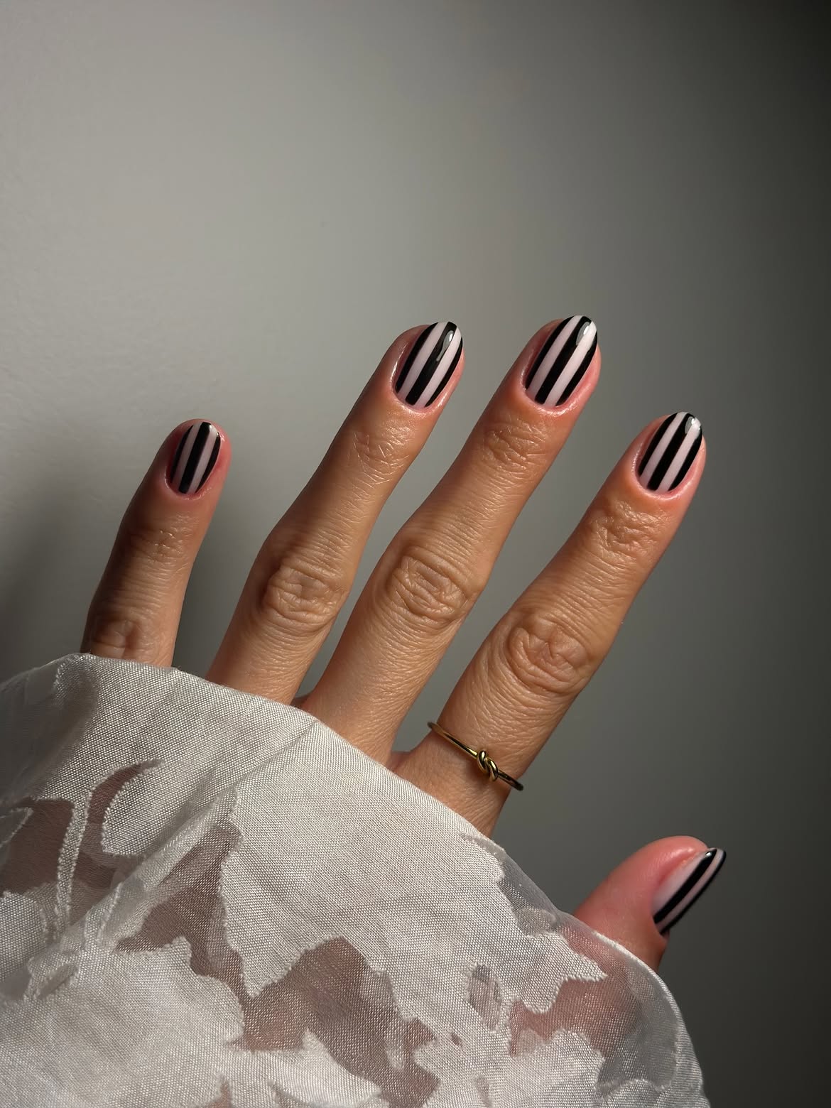 Bold Black and White Striped Glossy Nails