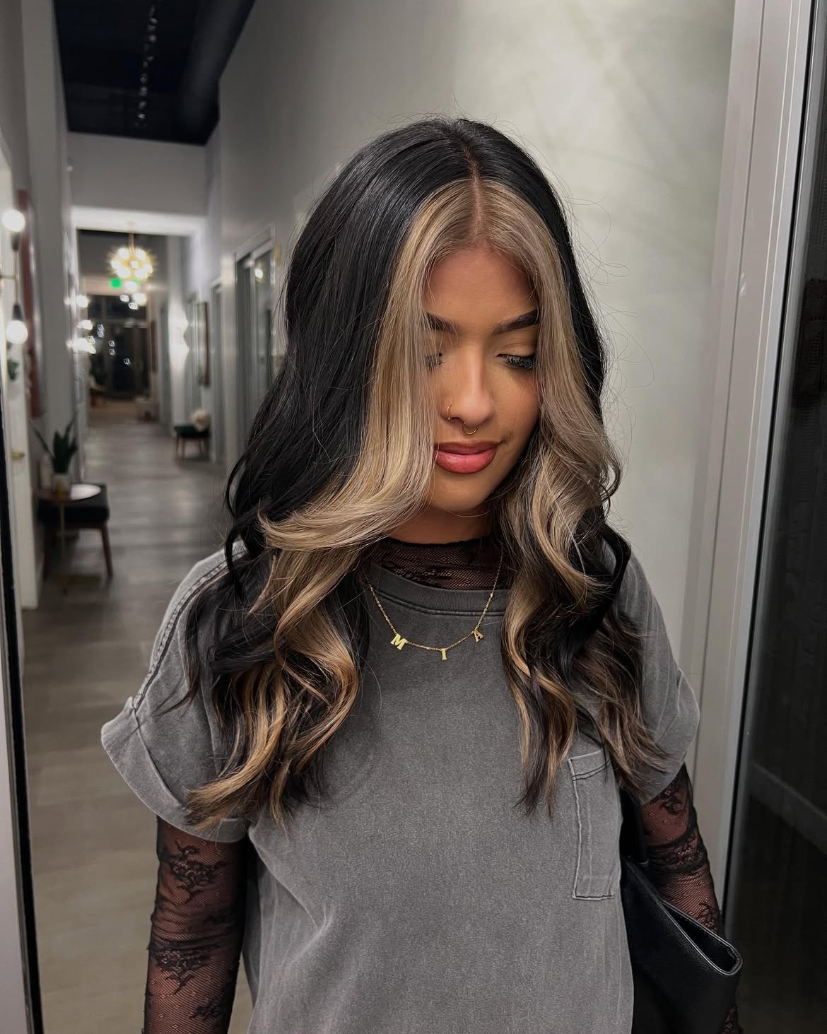 Bold Blonde Money Piece On Dark Wavy Hair