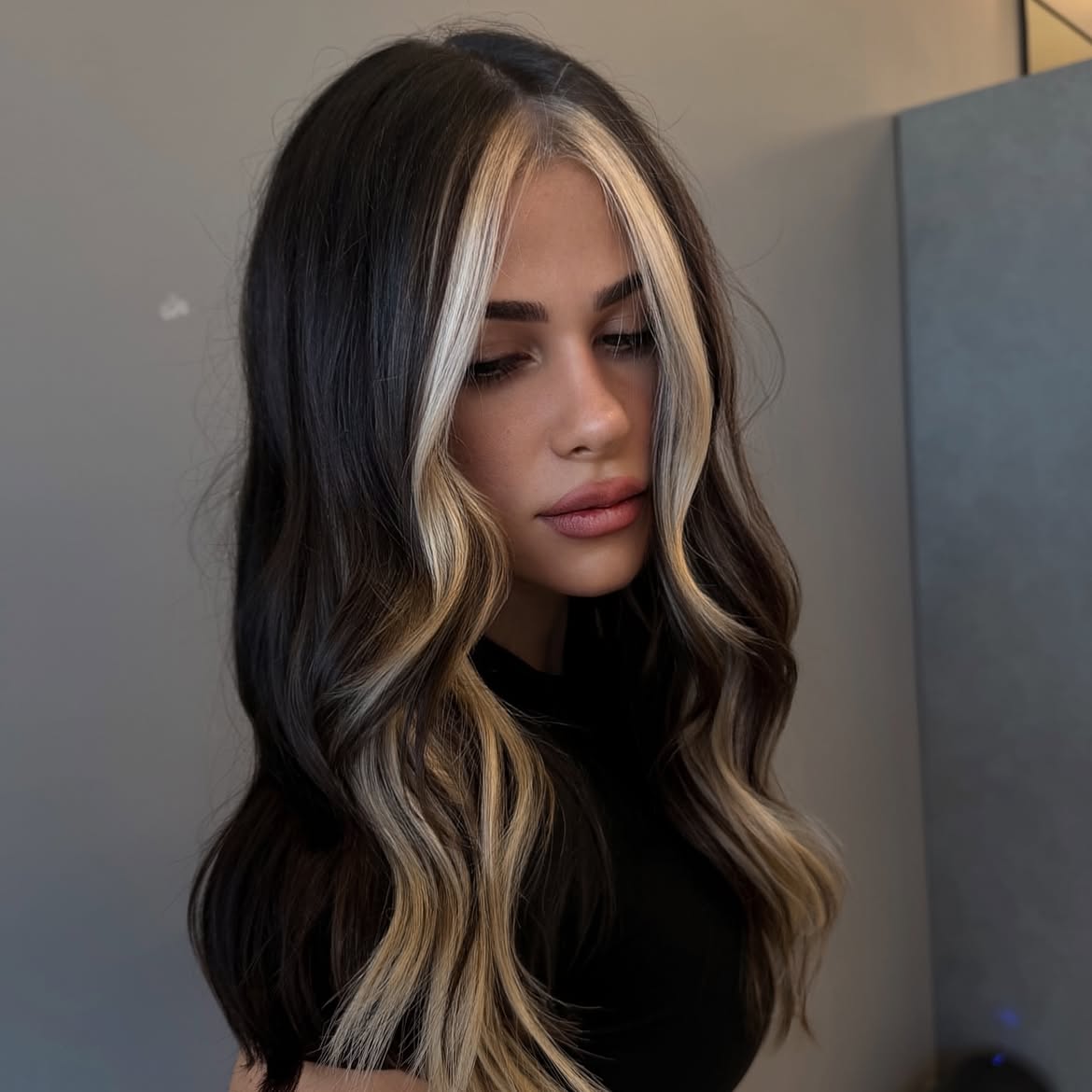 Bold Platinum Money Piece On Dark Wavy Hair