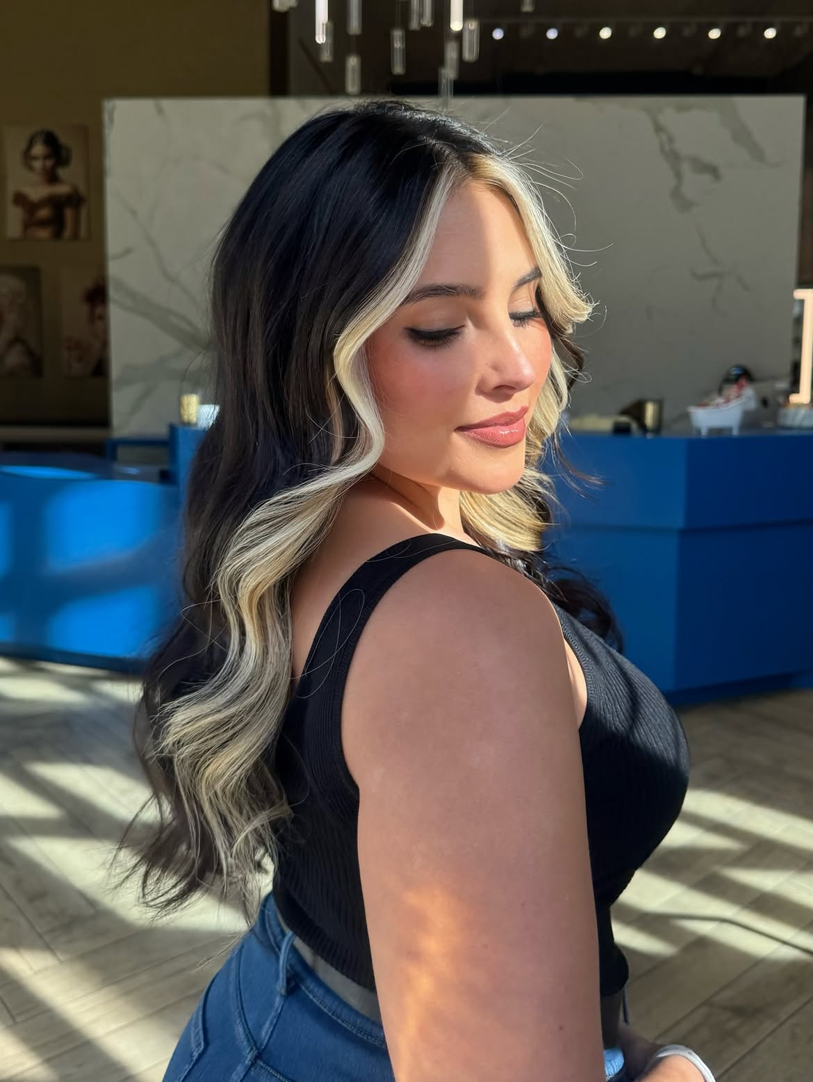 Bold Platinum Money Piece On Dark Wavy Hair