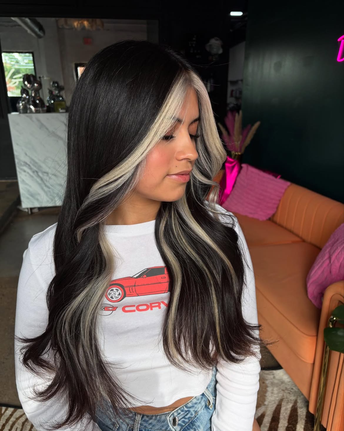 Bold Platinum Money Piece On Long Espresso Hair
