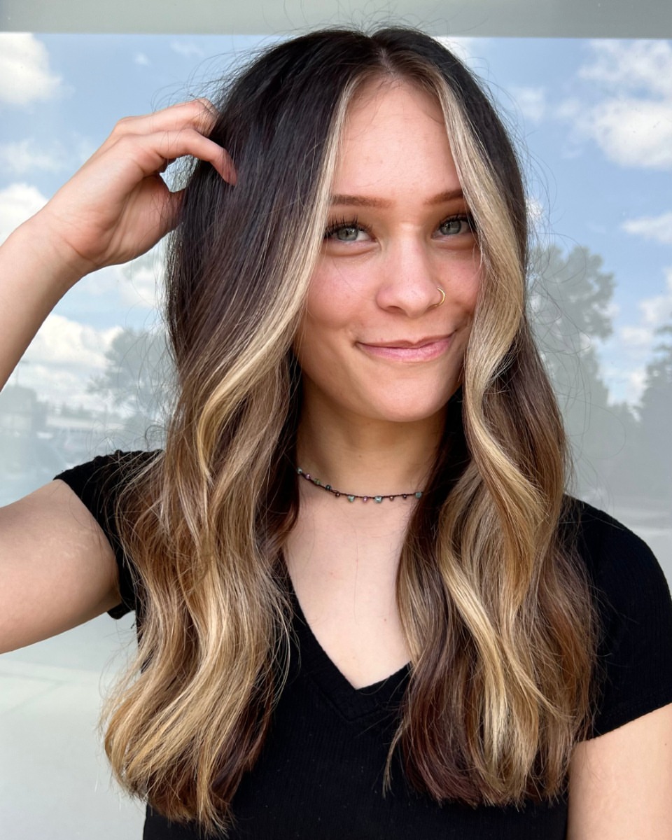 Bright Blonde Money Piece On Dark Wavy Layers