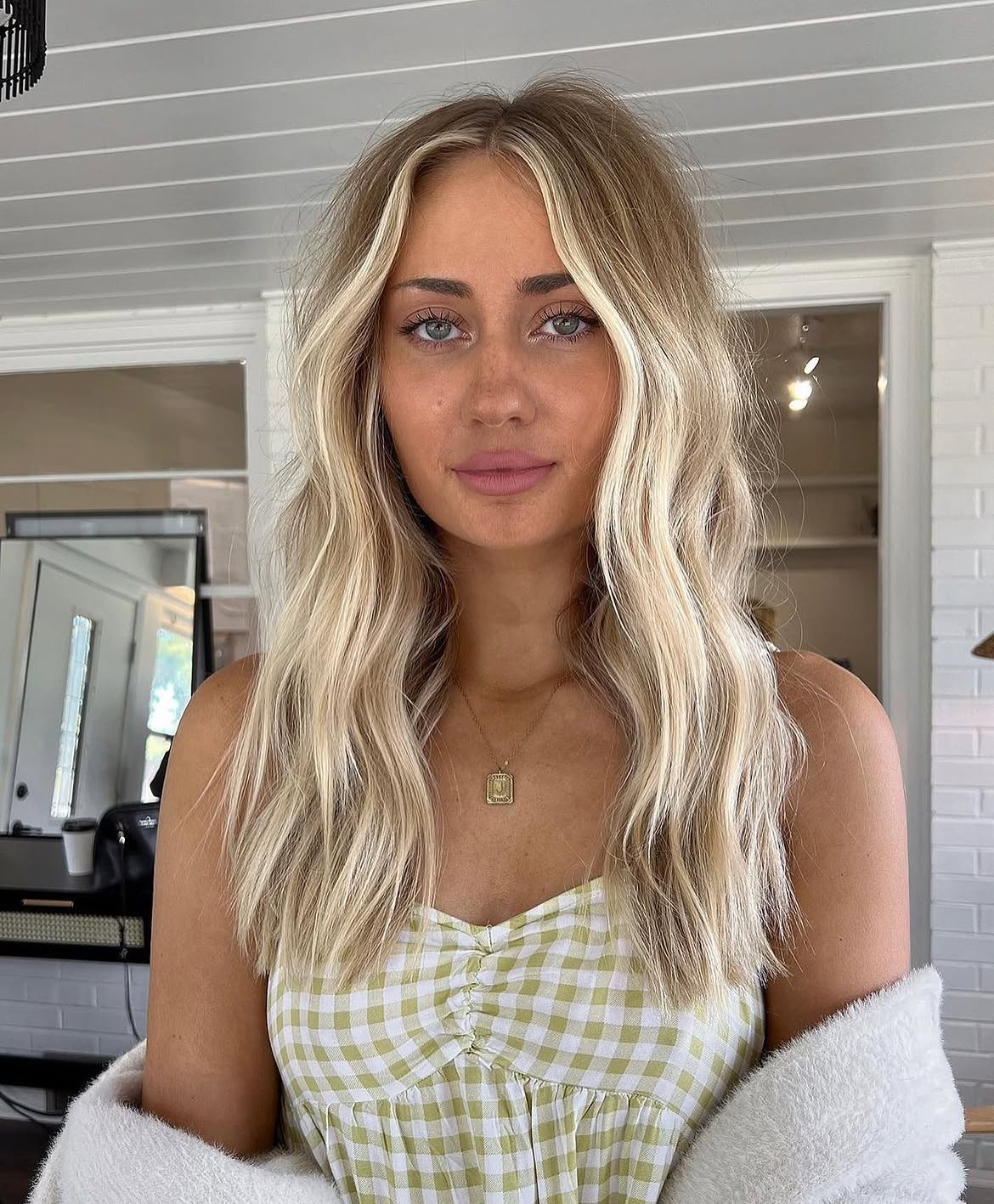 Bright Blonde Money Piece On Textured Mid Length Hair