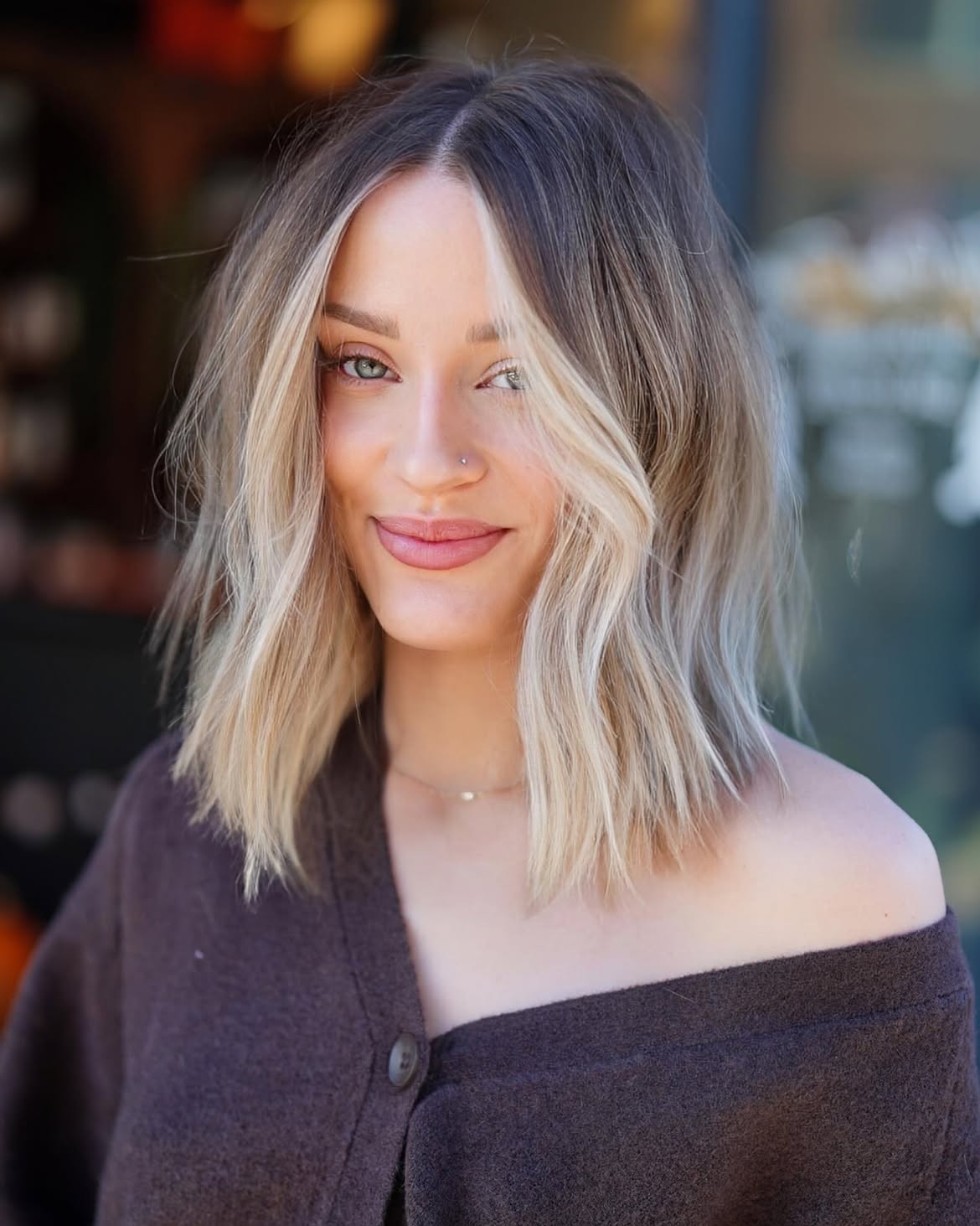 Bright Money Piece On Ashy Blonde Textured Lob